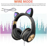 Black cat ear wireless headphones with 3.5mm audio cable wire mode connection.