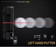 Left hand golf putter showing ball alignment and trajectory path.