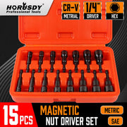 Horusdy 15-piece magnetic nut driver set with metric and SAE bits in an orange carrying case.