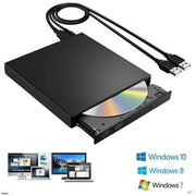 External USB DVD drive with disc and dual USB cables for Windows and Mac computers