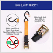 Heavy duty orange ratchet strap with rubber coated S hook and secure locking handle.