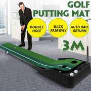 3m golf putting mat with double hole, back fairway, and auto ball return system.