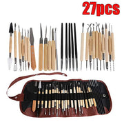 27-piece professional manicure and pedicure tool set with wooden handles and carrying roll bag