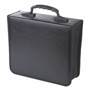 Black leatherette protective carrying case with a sturdy handle and side zipper.