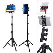 Adjustable black tripod stand for tablets and mobile devices with height control.