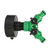 Green two-way garden hose splitter with black control valves and connector