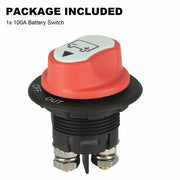 100A battery disconnect switch with red rotary knob and black mounting base