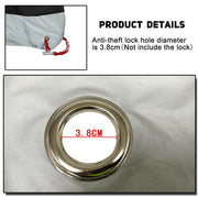Anti-theft lock hole on a silver waterproof cover with 3.8cm diameter measurement.