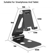 Black adjustable smartphone and tablet stand with dimensions for mobile device support.