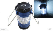 Portable blue LED camping lantern with built-in compass and hanging hooks.