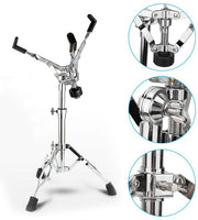 Chrome adjustable hi-hat stand for drum kits with tripod base and stabilizer feet.