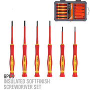 6-piece insulated soft-finish screwdriver set with red and yellow handles in a storage case