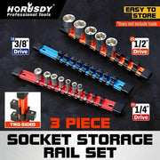 3 piece socket storage rail set with 1/4, 3/8 and 1/2 drive socket organizers.
