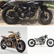 Collage of three different custom cafe racer and bobber style motorcycles.