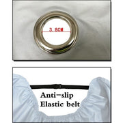 Close-up of a 3.8cm silver metal grommet and an anti-slip elastic belt on white fabric.