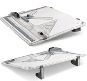 Portable drafting board with adjustable protractor, ruler, and triangle for technical drawing.