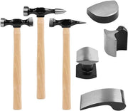 Set of three metal blacksmith hammers with wooden handles and various interchangeable heads.
