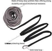 Heavy-duty synthetic fiber rope with a black protecting sleeve and solid metal loop.