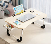 Foldable Wooden Laptop Desk Bed Tray Table w/ Storage Drawer Tablet Slot & Cup Holder