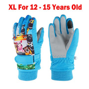 Blue cartoon character print winter gloves for 12-15 year olds with grey grip palms