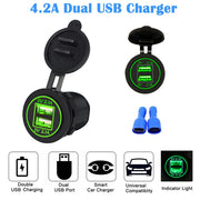 4.2A Dual USB Car Charger with green LED indicator lights and blue fuse