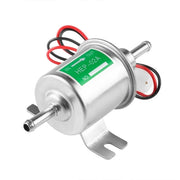 Silver HEP-02A electric fuel pump with red and black wires for automotive use