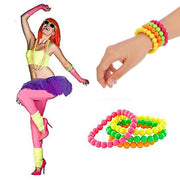 Colorful pom pom bead bracelets in pink, yellow, and green for party accessories.