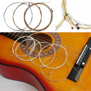 Set of guitar strings and replacement wires displayed on an acoustic guitar