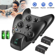 Rechargeable battery pack and charging dock for wireless gaming controllers.