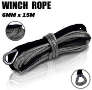 6mm x 15m grey winch rope with metal hook attachment