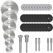 Multi-piece rotary tool accessory kit with saw blades, cutting discs, and mandrel shafts.