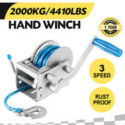2000kg/4410lbs rust-proof 3-speed hand winch with blue cable and handle
