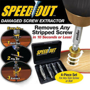 SpeedOut 4-piece damaged screw extractor set with instructional usage steps.