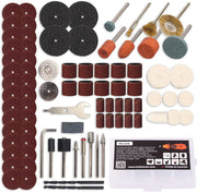 Comprehensive rotary tool accessory kit with grinding wheels, sanding discs, and polishing bits.