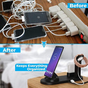 Before and after comparison of messy cables versus an organized multi-device charging station.