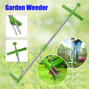 Long-handled garden weeder tool with green ergonomic grips for weeding grass and weeds.