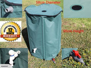 Green collapsible rain water barrel with dimensions and 12 month warranty badge.