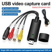 USB video capture card with RCA composite cables for real-time video acquisition.