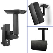 Black adjustable wall mount bracket for speakers and electronic devices.