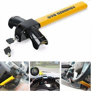 Yellow Armored Bar steering wheel lock with keys for vehicle anti-theft security.