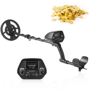 Black handheld metal detector with target indicator display and gold coins.
