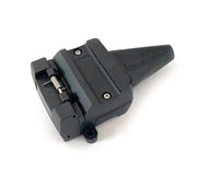 Black electronic component with metal spring and tapered nozzle on white background.