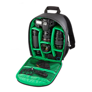 Open black camera backpack with green interior lining and organized DSLR camera and lenses