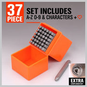 37 piece metal stamp set with A-Z, 0-9, and heart characters in an orange storage box