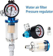 Blue water air filter and pressure regulator with gauge and transparent moisture trap.