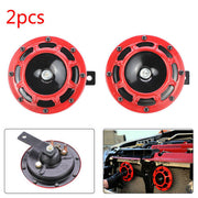 Pair of red car horn speakers with installation view and engine bay placement.