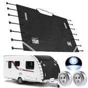 Black caravan front awning with adjustable poles and LED light attachments