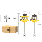 Set of two woodworking router bits with detailed dimensions and wood joint diagram.