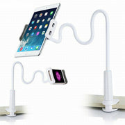 Flexible white gooseneck stand holding a tablet and a smartphone.