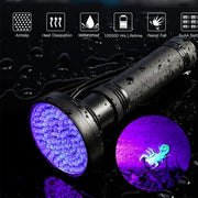 Black waterproof UV flashlight with purple light detecting a scorpion in dark setting